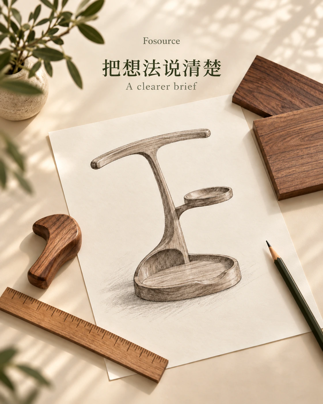 草图、直尺和木样组成的木作需求概念插图。
