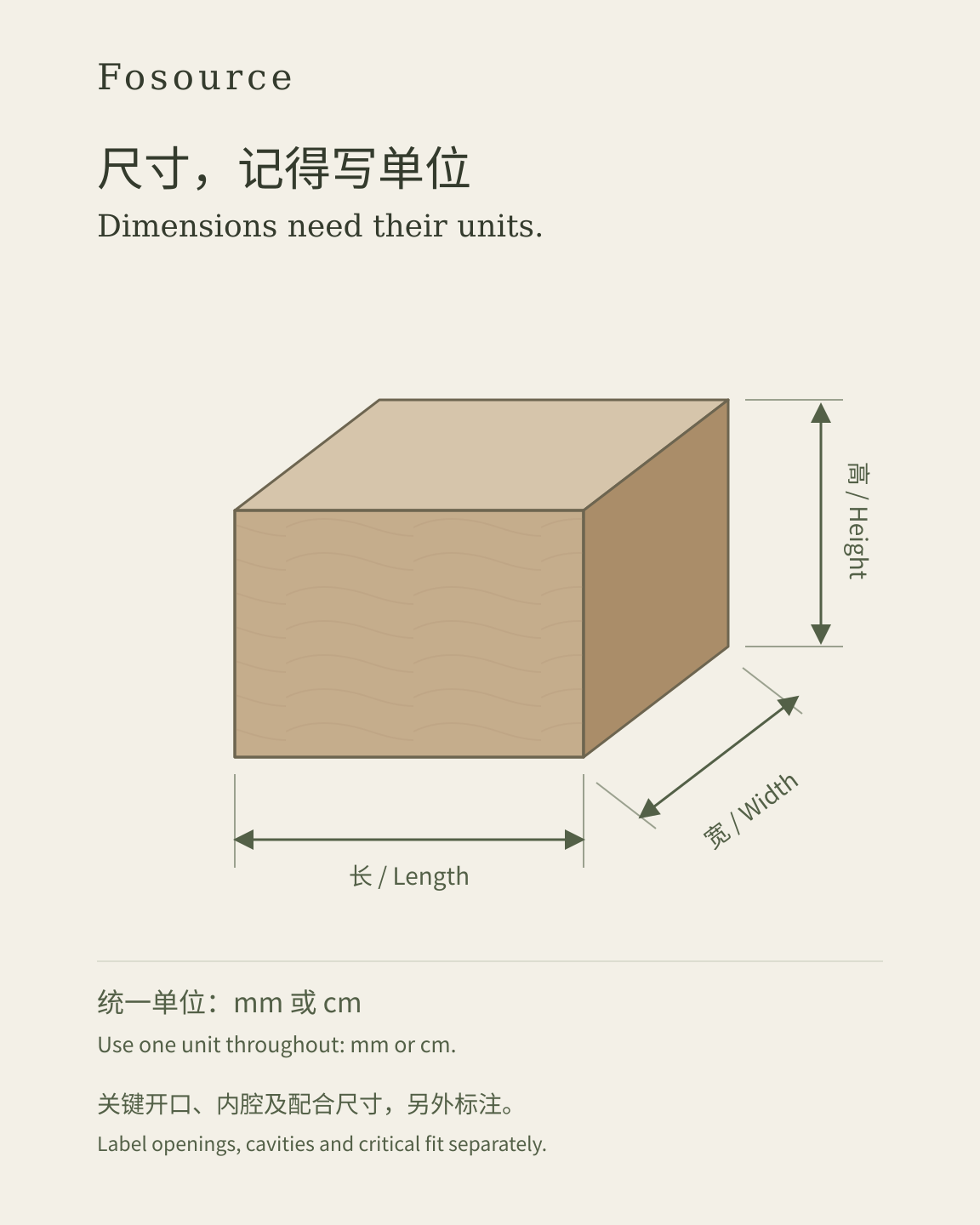 长、宽、高与单位的通用尺寸标注示例，非生产图纸。