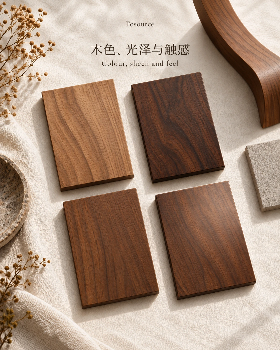 木色、光泽与边缘触感的材质概念参考，实际效果需通过样板确认。