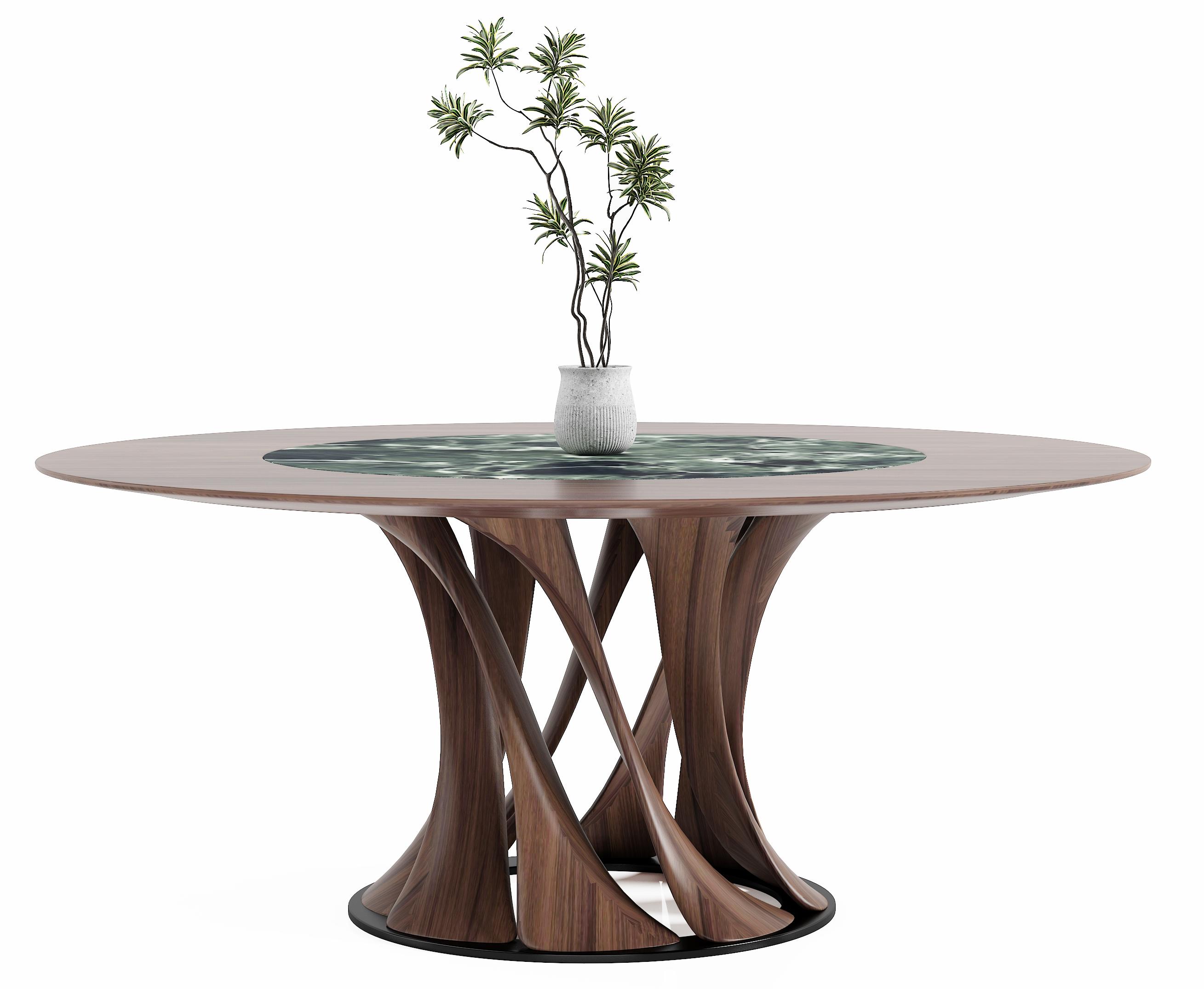 Round timber dining table with an interwoven base from the FS workshop catalogue