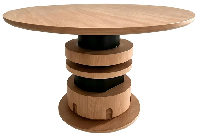Round timber table with a stacked pedestal base from the FS workshop catalogue
