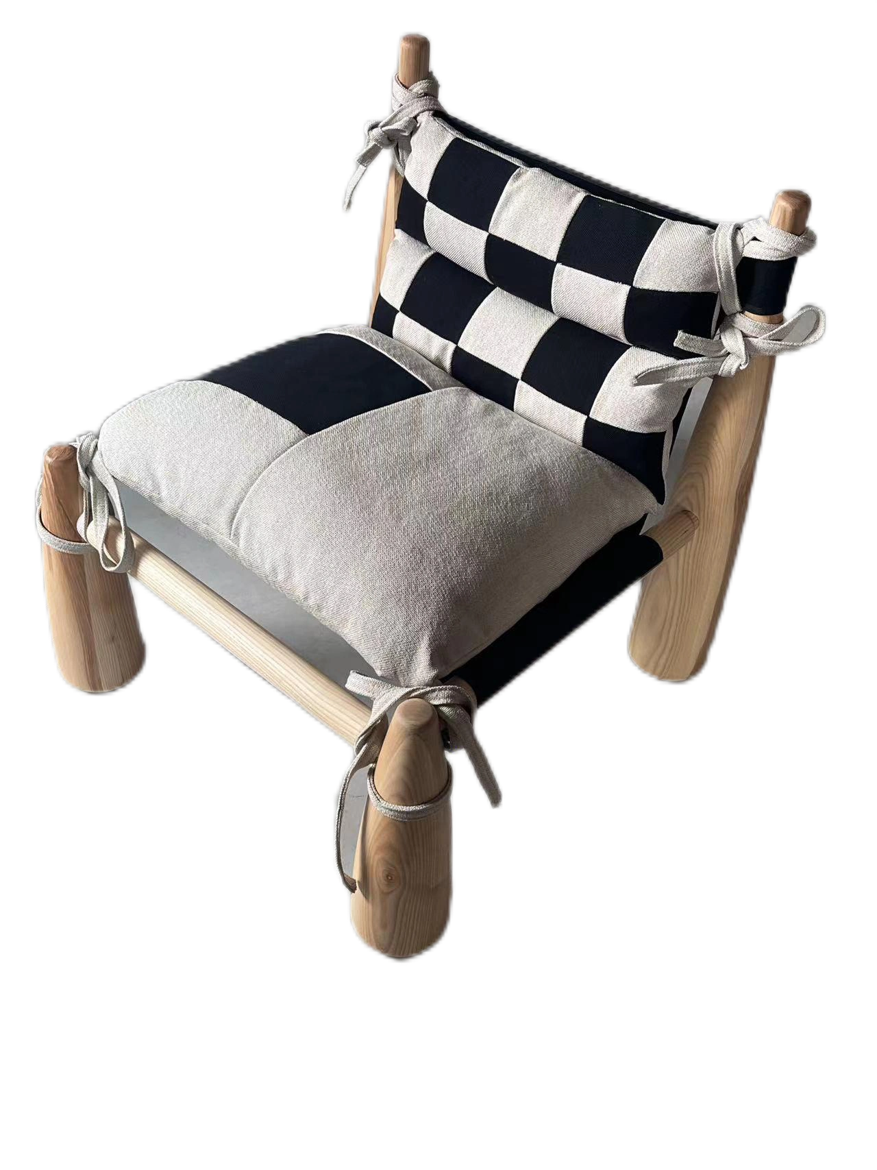 Timber lounge chair with tied textile cushions from the FS workshop catalogue